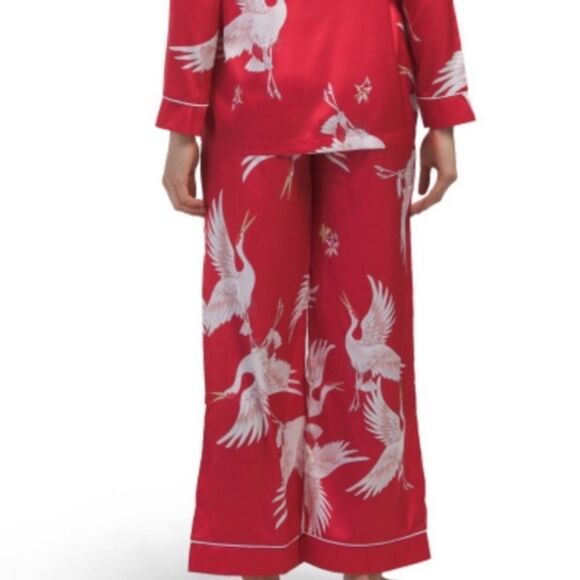 DALIA MACPHEE M & L Red White Satin Ibis Bird Print Long Sleeve Long Pant PJ Set - Picture 6 of 16